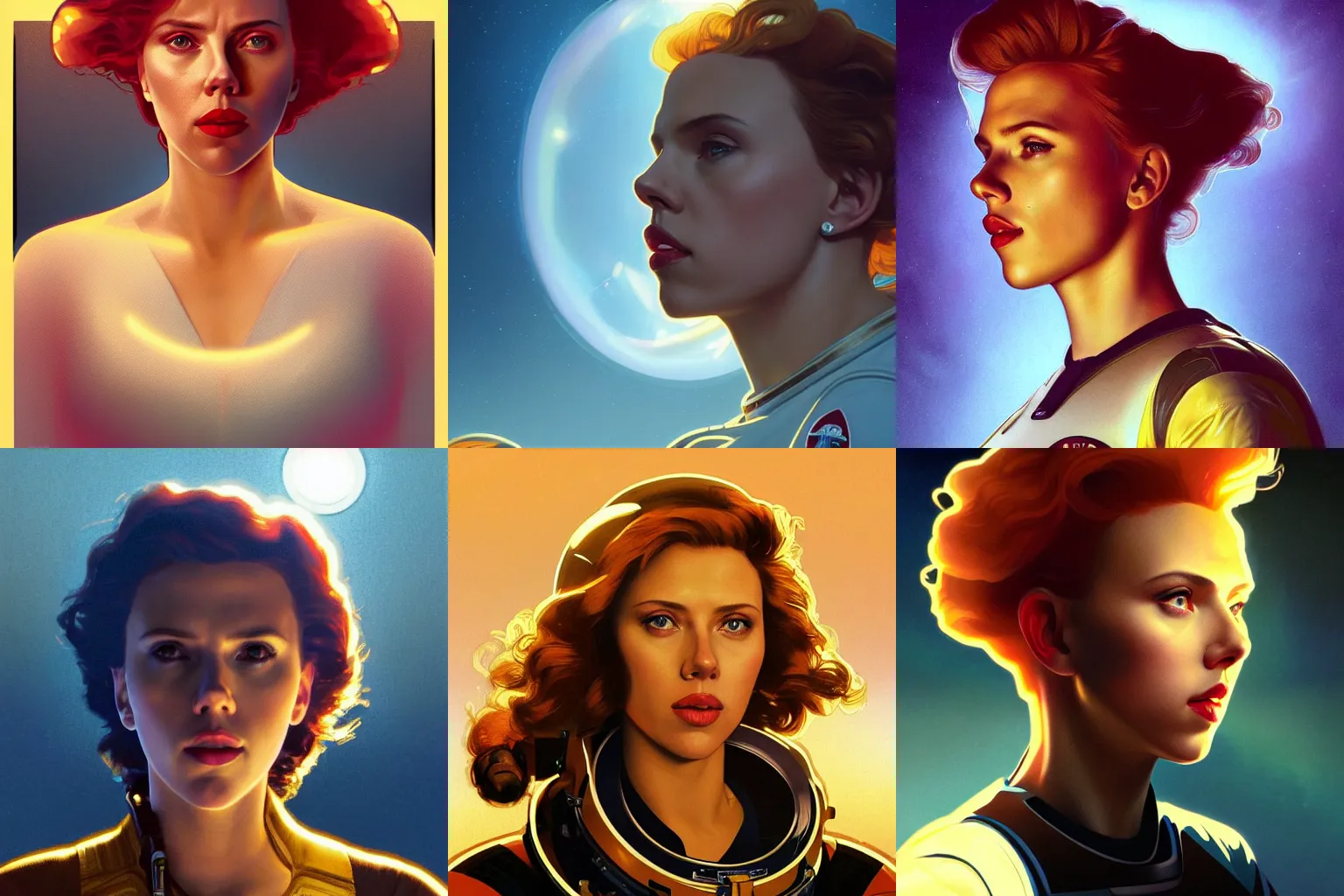 Prompt: a close-up of Scarlett Johansson as an astronaut, dramatic backlighting, golden hour, autochrome, high contrast, highly detailed, sharp focus, digital painting, concept art, illustration, trending on artstation, art by greg rutkowski + greg hildebrandt + alphonse mucha