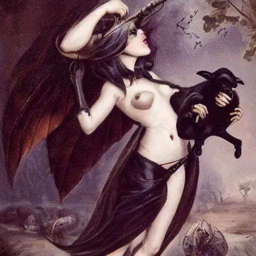 Prompt: a picture of dark succubus holding a goat skull