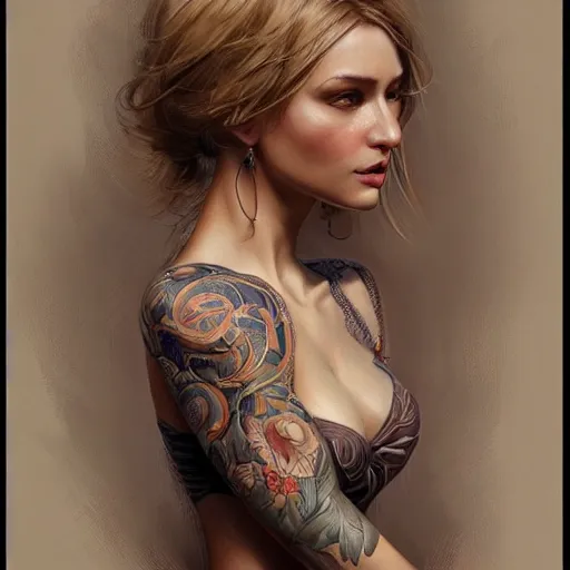 Prompt: ultra realistic illustration, a hot and beautiful tattooed blonde slavic woman in her 3 0's, intricate, elegant, highly detailed, digital painting, artstation, concept art, smooth, sharp focus, illustration, art by artgerm and greg rutkowski and alphonse mucha