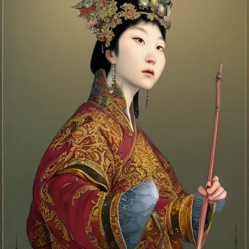 Prompt: a highly detailed portrait of a medieval chinese princess, beautiful detail and color, art by john collier and albert aublet and krenz cushart and artem demura and alphonse mucha, volumetric lighting, octane render, 4 k resolution, matte, sharp focus, illustration, art by jacque - louis david, baroque style
