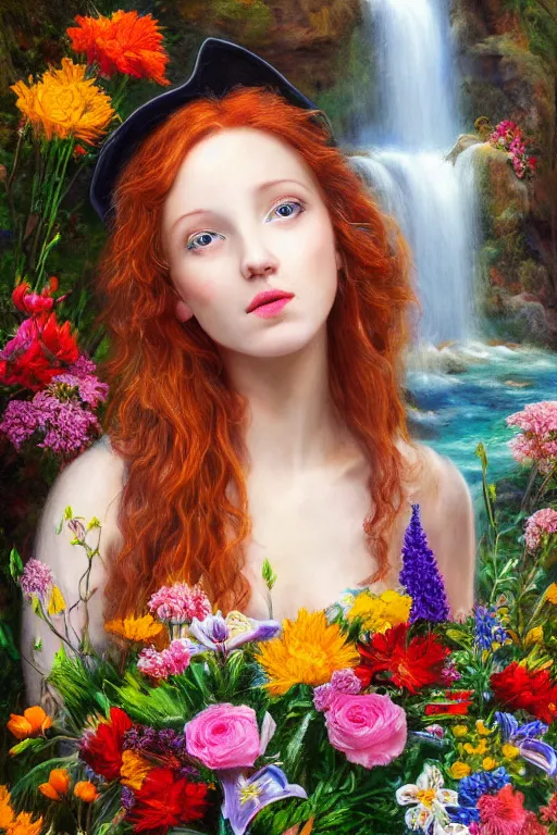 Image similar to oil painting, romanticism, redheaded girl wearing a hat of flowers and dress of fresh flowers, decorated with flowers, waterfall cave, roses, lilies, chrysanthemums, irises, water drops, water jets, overhead light, 4 k, 8 k