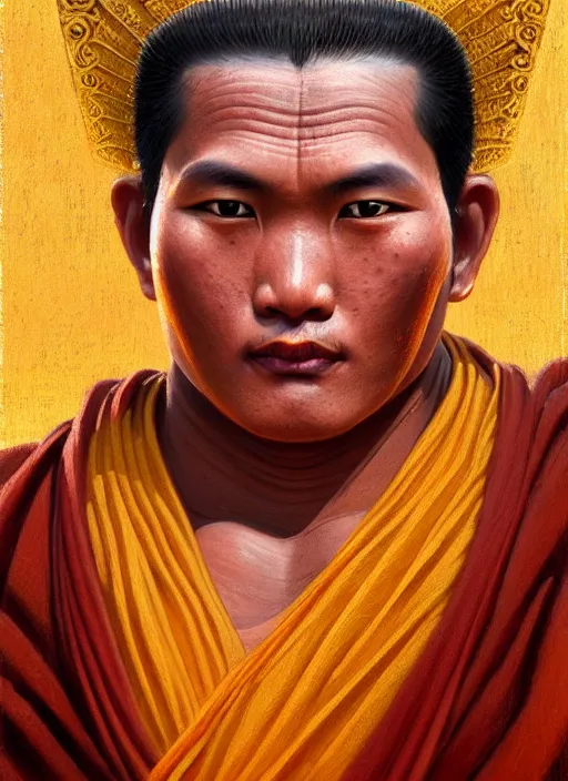 Image similar to smart tai buddhist monk, sukothai, closeup portrait, without beard and mustache, historical hero, ethnic group, tai costume, intricate, elegant, loin cloth, highly detailed, oil painting, artstation, concept art, matte, sharp focus, illustration, hearthstone, art by earl norem