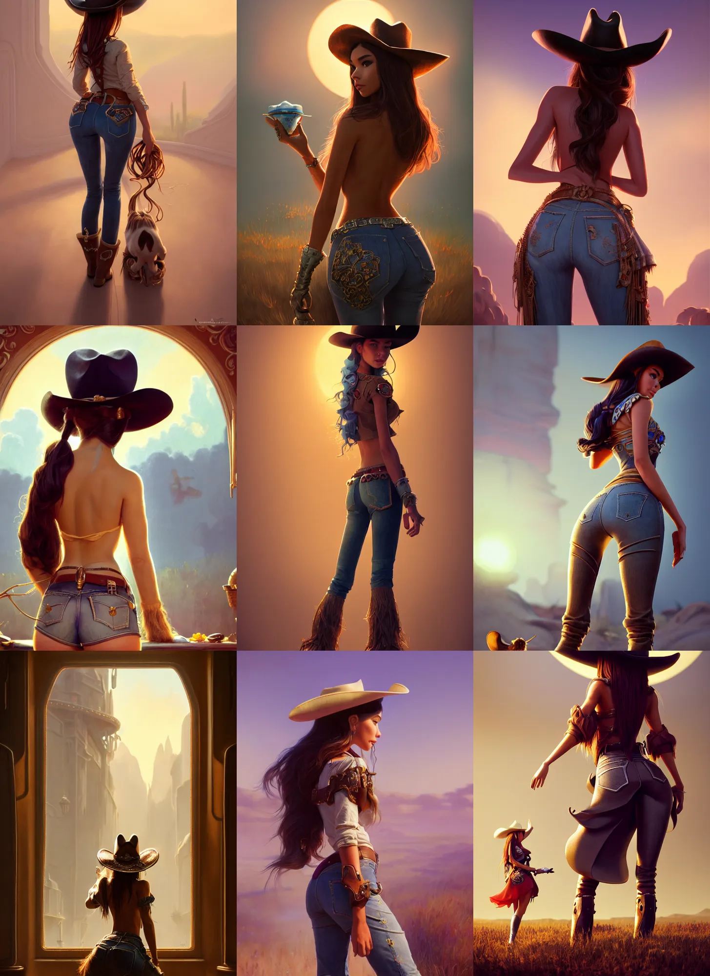 Prompt: madison beer cowgirl | from behind | glamorous oily soft polished rich cheeky ornate modern | weta disney pixar movie still photo | hi - fructose, sci fi fantasy, divine proportion, smooth, octane render, sharp focus, artstation, concept art | beeple, rhads, rutkowski, artgerm, mucha, wlop, loish |