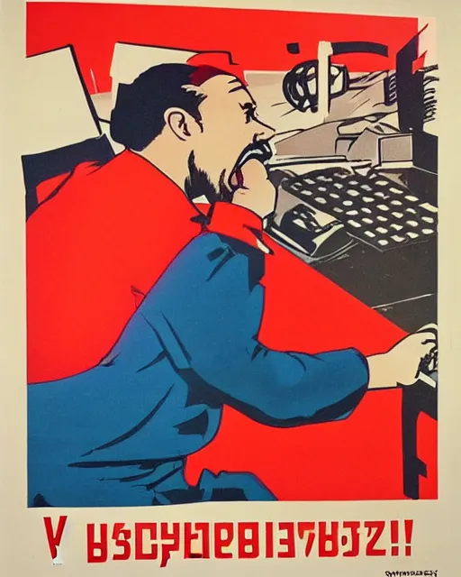 Image similar to soviet propaganda poster of an angry communist developer yelling at his computer