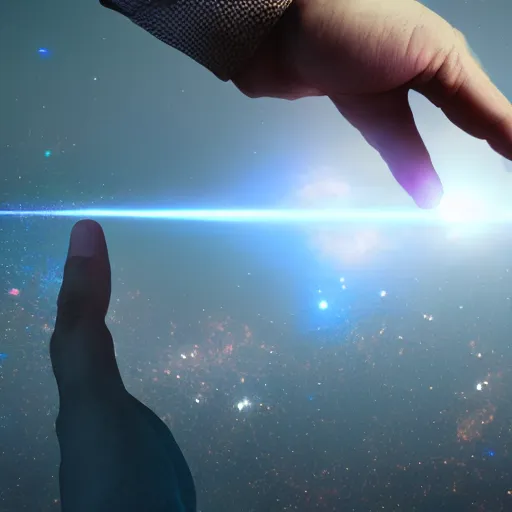 Image similar to a giant god like being holding the universe in the palm of his hand with galaxies in the backround, 8 k, unreal engine 6, hyper realism,