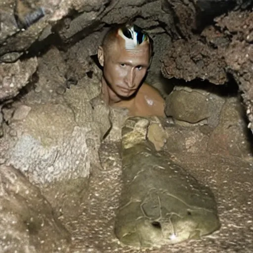 Image similar to photo inside a cavern of a wet reptilian humanoid putin partially hidden behind a rock