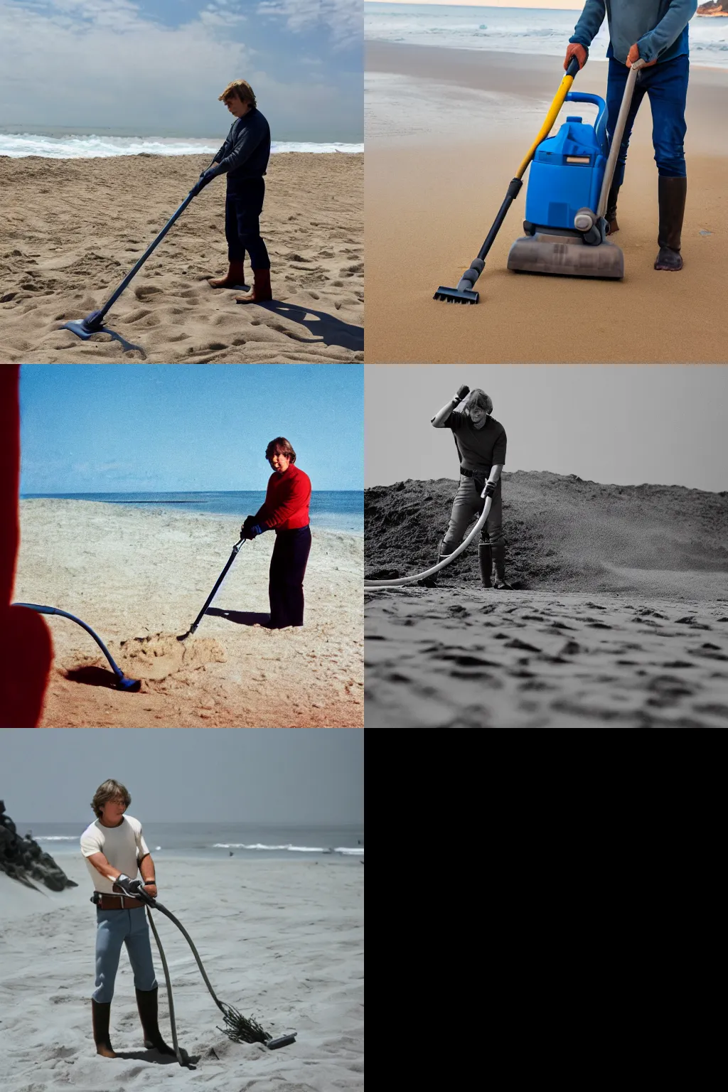 Prompt: Luke Skywalker vacuuming the beach to remove sand, professional photo, 4k, 35mm