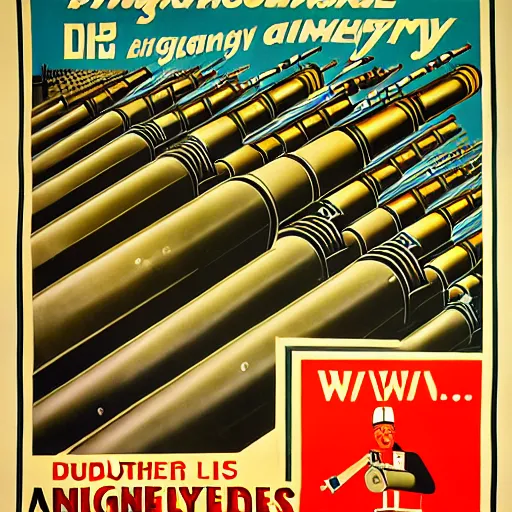 Image similar to propaganda poster featuring an extremely large number of artillery cannons, artillery, guns, production line inside a factory, parallel lines, limited palette, ww 1