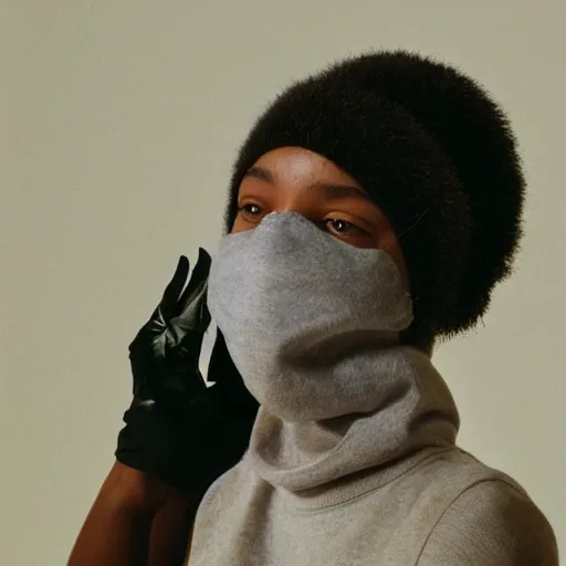 Image similar to realistic! photoshoot for a new dior lookbook, color film photography, portrait of a beautiful woman wearing a balaclava mask, photo in style of tyler mitchell, 35mm lens