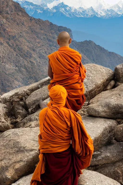 Prompt: A monk with his back to the camera sits beside a rock on the top of a mountain, looking at the snowy Himalayas in the distance, faith,4k, realistic,photography,landscape,high contrast,F200,trending on artstation.