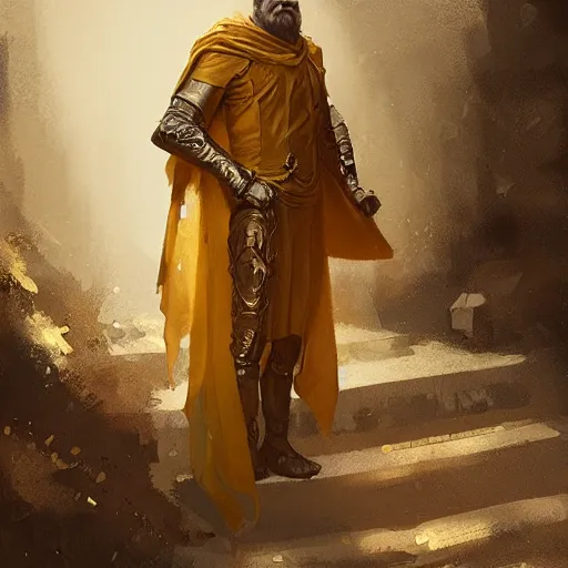 Image similar to Noble person wearing a golden toga and crossing his arms, fantasy, medieval, highly detailed, Artstation, painting by greg rutkowski