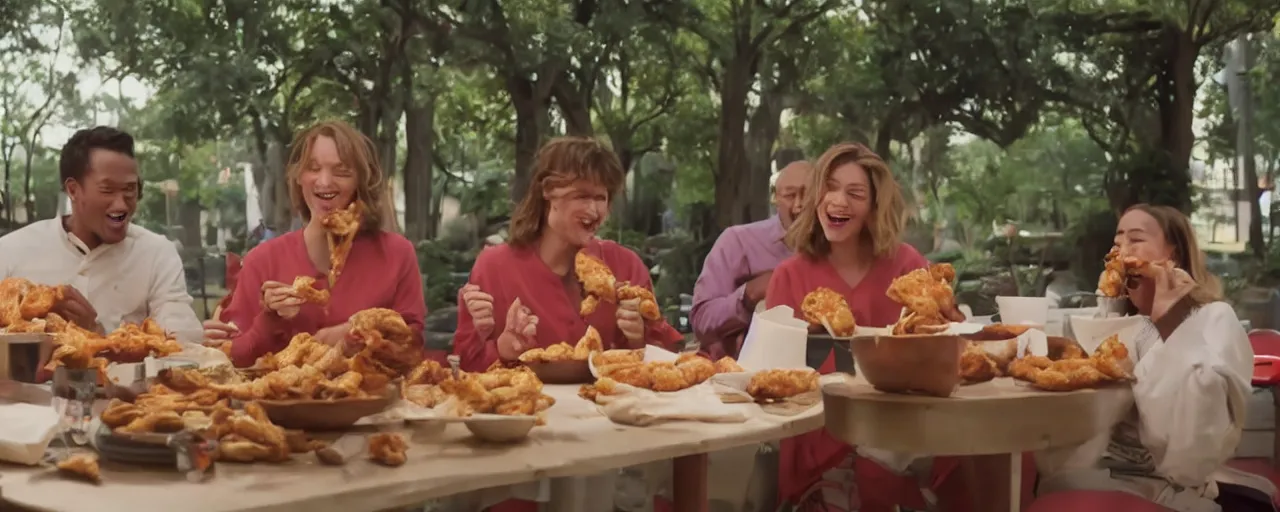 Image similar to a cinematic shot in daylight exterior wide shot of a couple of friends happy and smiling while eating church's chicken in dynamic poses, commercial ad, directed by autumn durald, complementary color scheme clothe, roger deakins lighting, shot in imax 7 0 mm, three point perspective 4 0 mm anamorphic lens