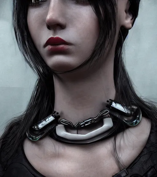 Prompt: detailed realistic female character cyberpunk wearing thick collar around neck, realistic, art, beautiful, 4K, collar, choker, collar around neck, punk, artstation, detailed, female, woman, choker, cyberpunk, neon, punk, collar, choker, collar around neck, thick collar, tight around neck, punk,