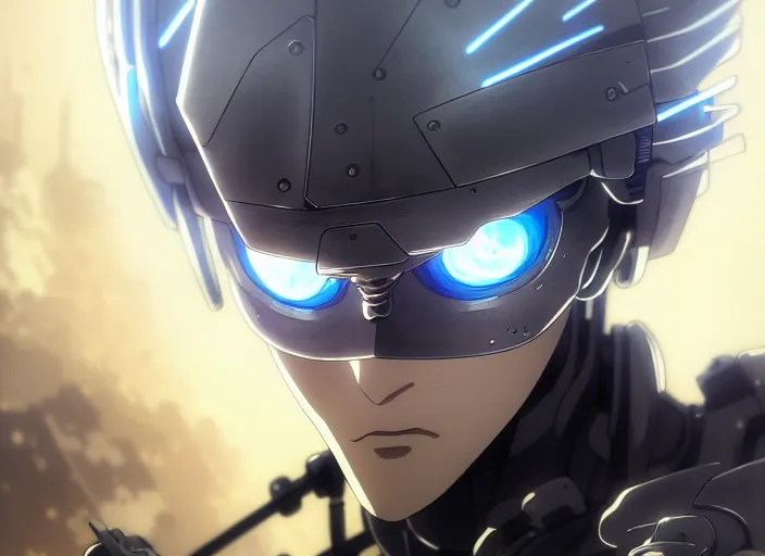 Image similar to a anime portrait of a cyborg raiden, finely detailed features, closeup at the face, sharp focus, perfect art, night - time city background, cinematic lighting, highly detailed, intricate, anime, illustration, artstation, trending on pixiv fanbox, painted by greg rutkowski, studio ghibli, yoji shinkawa, hayao miyazaki,