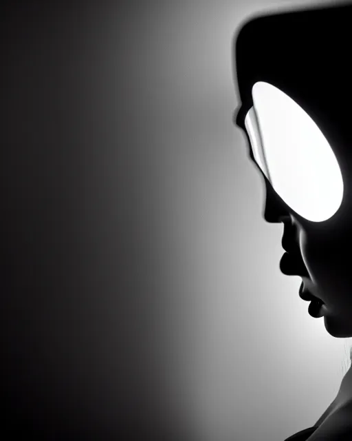 Prompt: black and white high quality photo of a female AI-cyborg-doll looking into a sci-fi mirror, volumetric lighting, hyperdetailed, photorealistic, masterpiece, elegant, dark, in the style of Man Ray,