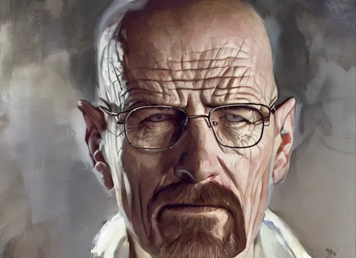 Image similar to a highly detailed beautiful portrait of walter white wearing a vampire costume, by gregory manchess, james gurney, james jean