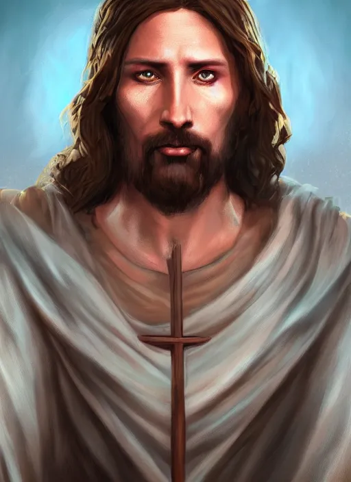 Image similar to A fantasy comic book style portrait painting of Jesus Christ as a Mage, unreal 5, DAZ, hyperrealistic, octane render, RPG portrait, dynamic lighting