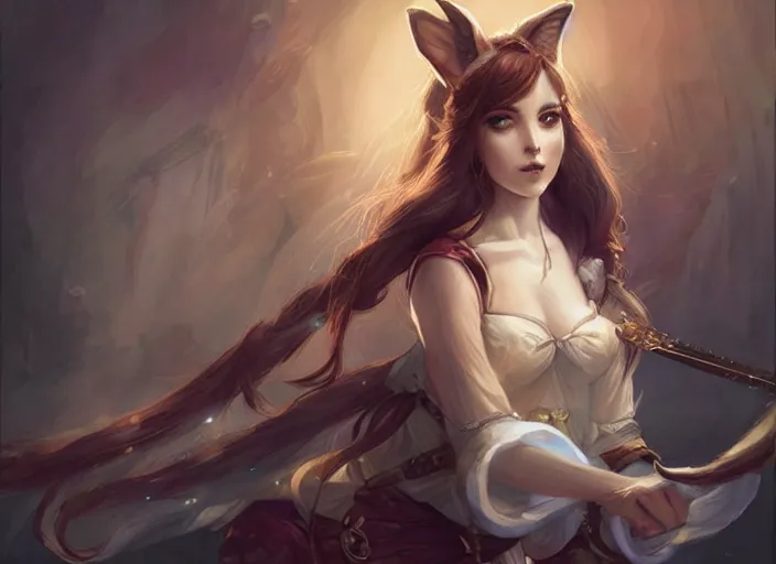 Prompt: a female bard with fox ears standing in a fantasy inn, d & d, official art, by charlie bowater, realistic expressive oil painting, cgsociety, anime style, masterpiece, trending on artstation, attractive and detailed face.