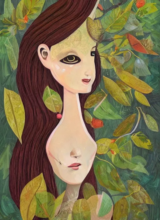 Prompt: a wonderful childrens illustration book portrait painting of a woman, art by tracie grimwood, trees, many leaves, birds, whimsical, aesthetically pleasing and harmonious natural colors