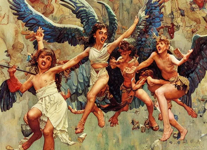 Image similar to harpies attack, greek temple, by norman rockwell and jesper ejsing and tom lovell and frank schoonover