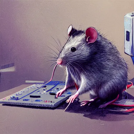 Image similar to a rat cyborg playing with a tb-303 synthesizer, by ruan jia