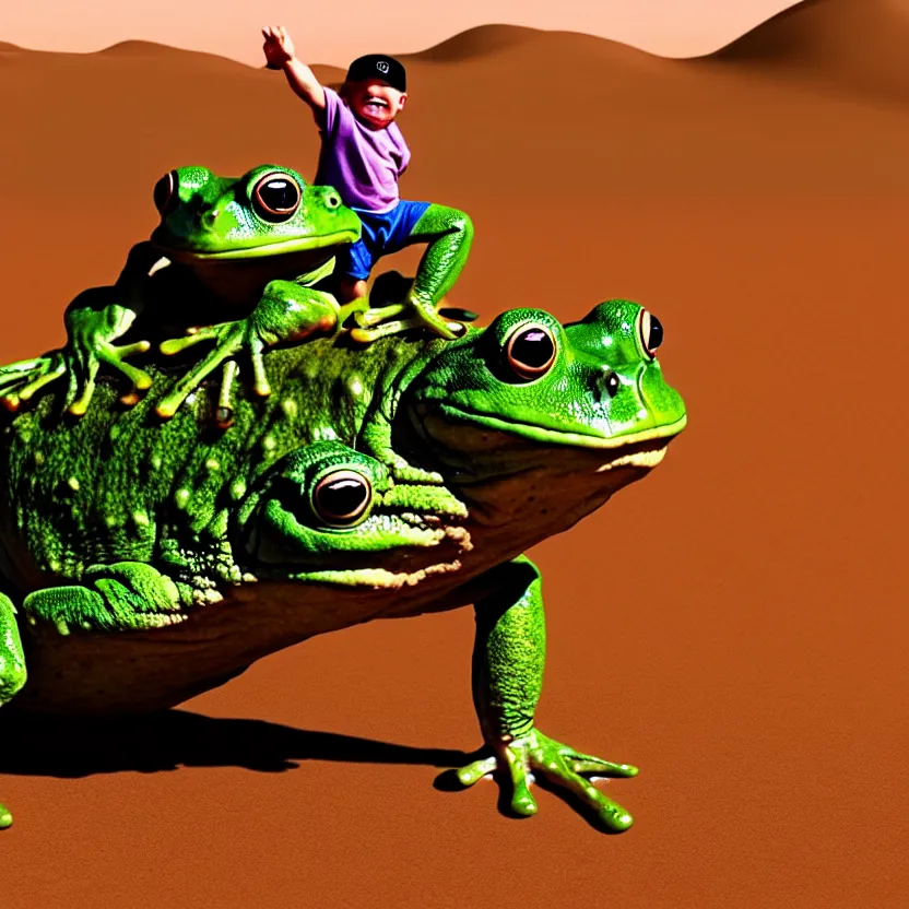 Prompt: midget john cena riding a gigantic frog in the desert, 4 k,