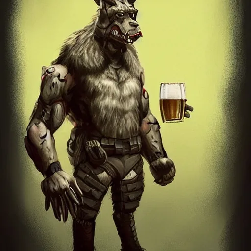 Image similar to a humanoid german shepherd beast - man in military style, holding a bottle of beer, artstation, concept art, smooth, sharp foccus ilustration, artstation