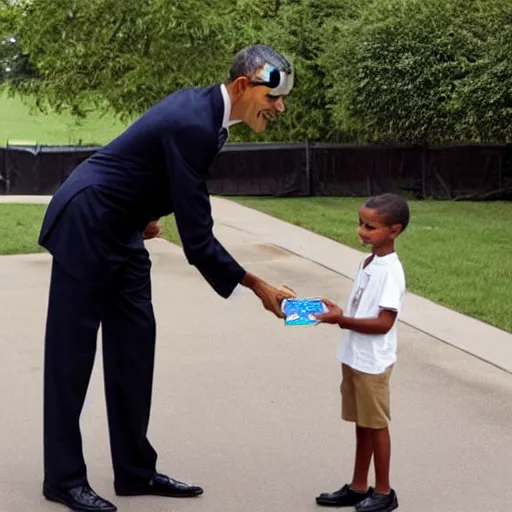 Image similar to Obama giving a smaller obama a medal