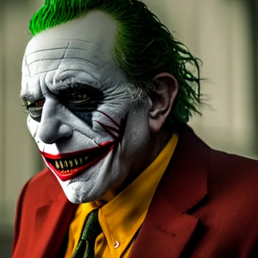 Image similar to stunning awe inspiring ( bernie sanders ) playing the joker movie still 8 k hdr atmospheric lighting, raining