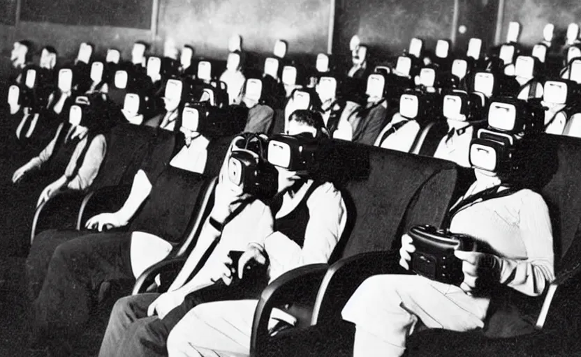 Image similar to 1 9 0 0 s photo of people wearing virtual reality headsets vr in a movie theater masterpiece