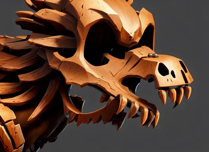Image similar to brown wooden festeroot lion skull treant head, stylized stl, 3 d render, activision blizzard style, hearthstone style, darksiders art style, greg rutkowski style