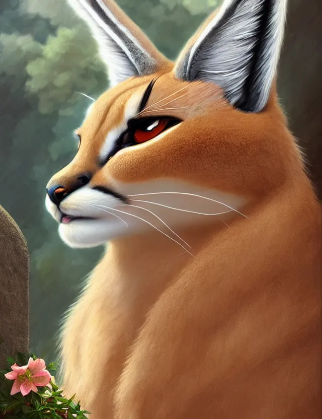 Image similar to cute fluffy caracal in a ancient greek city, wearing laurel wreath on head | | cute, key visual, realistic shaded perfect face, fine details by stanley artgerm lau, wlop, rossdraws, james jean, andrei riabovitchev, marc simonetti, and sakimichan, trending on artstation