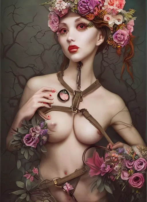 Image similar to pop surrealism, lowbrow art, realistic seductive cute woman painting, body harness, japanese shibari with flowers, hyper realism, muted colours, rococo, natalie shau, loreta lux, tom bagshaw, mark ryden, trevor brown style,