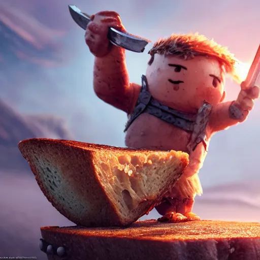 Image similar to viking battle toast, a slice of toasted bread with a face, arms and legs, holding a sword, cute, pixar, volumetric lighting, dynamic composition, fantasy, hyper detailed, ultra realistic, sharp focus, octane render, concept art by ruan jia and heng z and artem