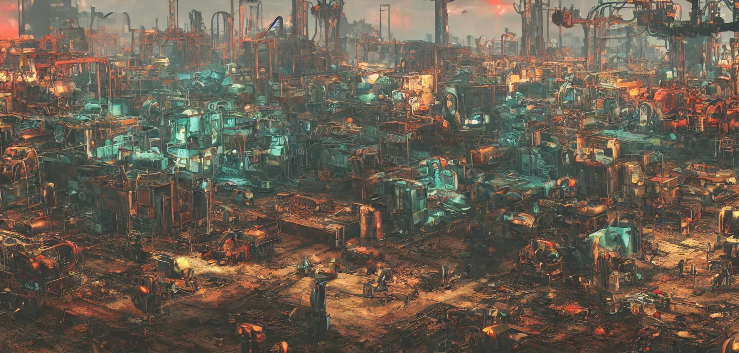 Image similar to industrial robot wasteland, fallout 4, colorful but morbid painting, soft edges