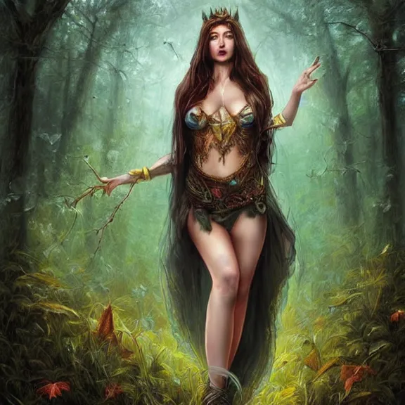 Image similar to a higly detailed full body shot portrait painting of a sorceress with piercing beautiful eyes, standing in a forest meadow, morning, dynamic lighting, ambient lighting, deviantart, art by artgerm and karol bak and mark brooks