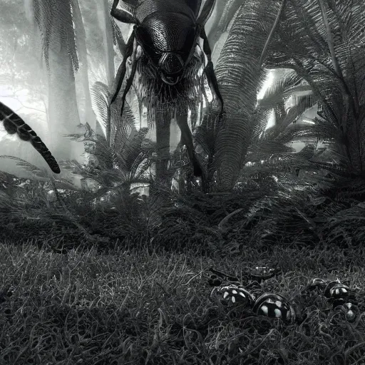 Prompt: insects, green world, realistic, black and white, complex, octane render, unreal engine, photorealistic