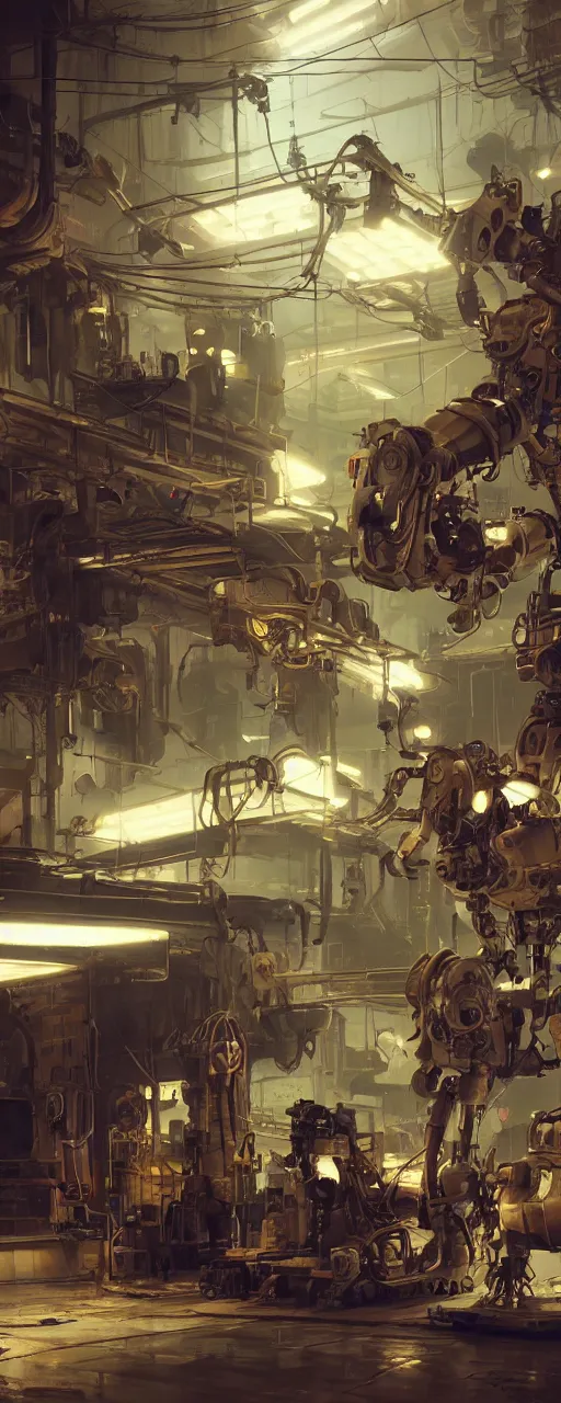 Image similar to concept art, realistic dieselpunk robot repair workshop, neon glow, volumetric lighting, strong shadows, reflections, high contrast, glowing robot motifs, octane render, curves, bladerunner, loish, syd mead, akihiko yoshida, cinematic