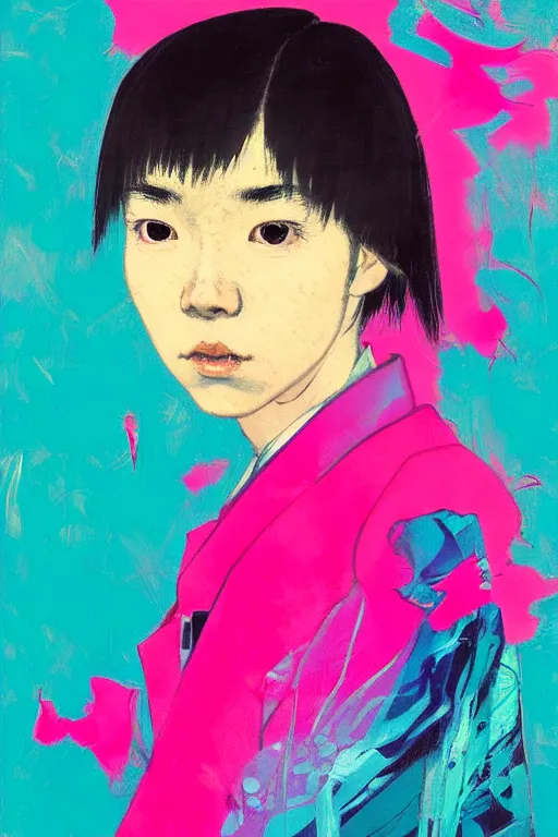 Image similar to portrait of a stylized japanese young in love, painted in acrylic, pigment textures, in the colors hot pink and cyan, beautiful realistic face, rule of thirds, spotlight, by greg rutkowski, by jeremy mann, by francoise nielly, by van gogh, by ross tran, in focus