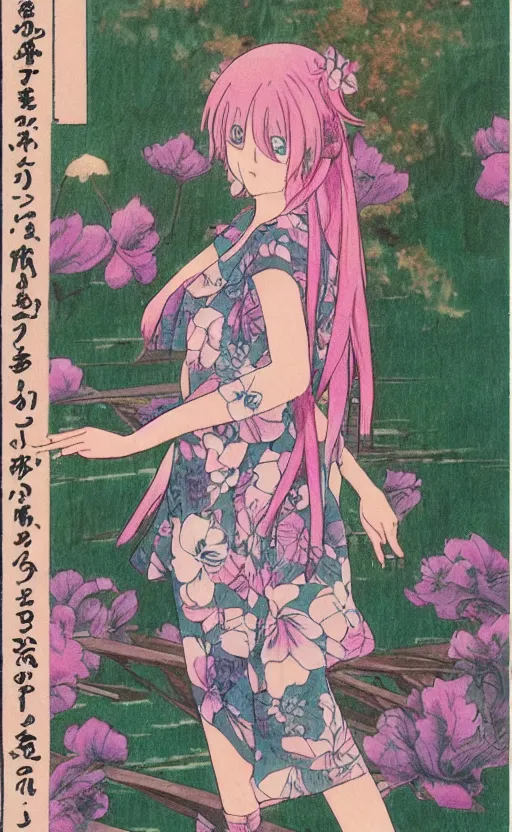 Image similar to by akio watanabe, manga art, a pink hair girl walking on wooden lake bridge and iris flowers, trading card front, kimono, realistic anatomy