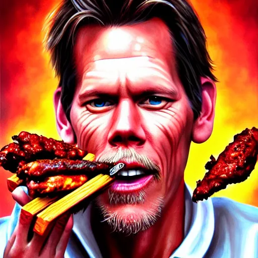 Image similar to Portrait of Kevin Bacon eating hot wings, fantasy, D&D, intricate, highly detailed, digital painting, trending on artstation, sharp focus, illustration, style of Stanley Artgerm