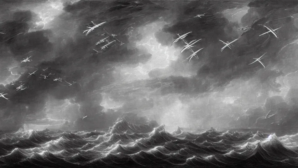 Prompt: drawing of seven ornithopters flying above a stormy ocean, by gustave dore, nineteenth century, black and white, vintage, science fiction, epic composition, dramatic lighting, highly detailed, cinematic