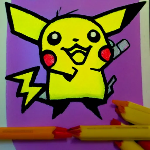 Prompt: pikachu badly drawn with crayons by a 2 years old