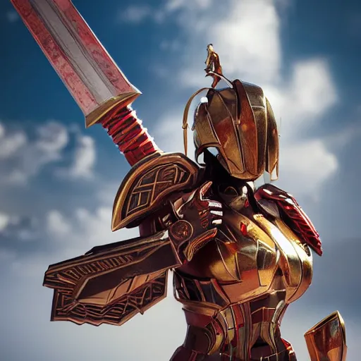 Image similar to picture of metal armored valkyrie, crimson plated, sword and shield, golden wings, divine vibes, light brown hair, white skin, shiny golden eyes, sky background, sharp focus, highly detailed, cinematic lighting, studio quality, smooth render, unreal engine 5 rendered, octane, rendered