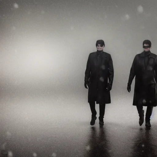 Prompt: 2 blurred men in black leather in a brutalist landscape in winter, heavy rain and mist, cinematic lighting