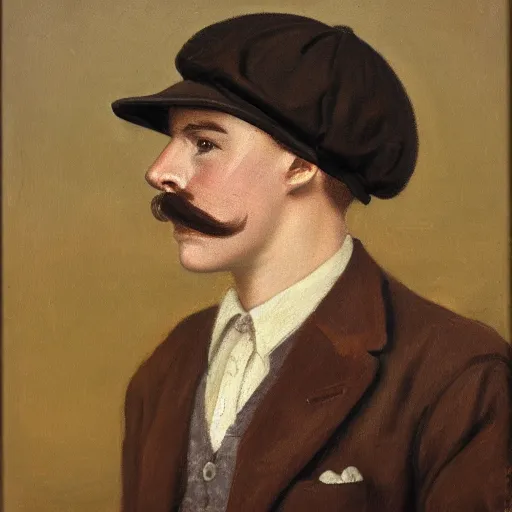 Prompt: portrait of a british young man in a flat cap, a light mustache, and a nice brown suit, oil painting