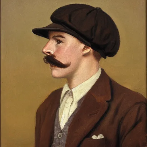 Image similar to portrait of a british young man in a flat cap, a light mustache, and a nice brown suit, oil painting