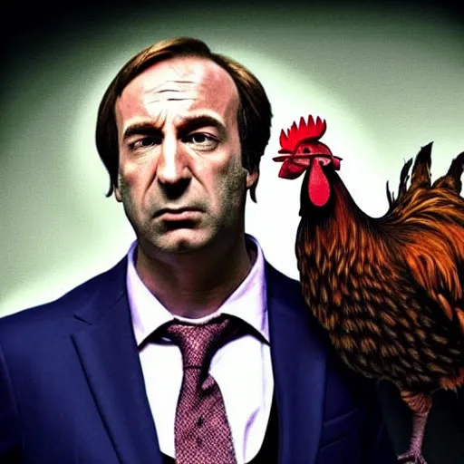 Image similar to saul goodman and a rooster in a medieval torture chamber, saw blades and knives in the background, horror movie, saul goodman!, rooster!!!!, real life photo, highly detailed face