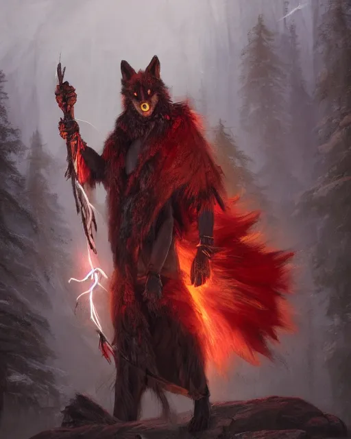 Image similar to oil painting of Anthropomorphized Wolf Shaman holding magical lightning staff, wearing red fur cloak, sharp focus, , magical aura, heroic pose, fantasy style, octane render, volumetric lighting, 8k high definition, by greg rutkowski, highly detailed, trending on art Station, magic the gathering artwork, Lightning storm background, centered