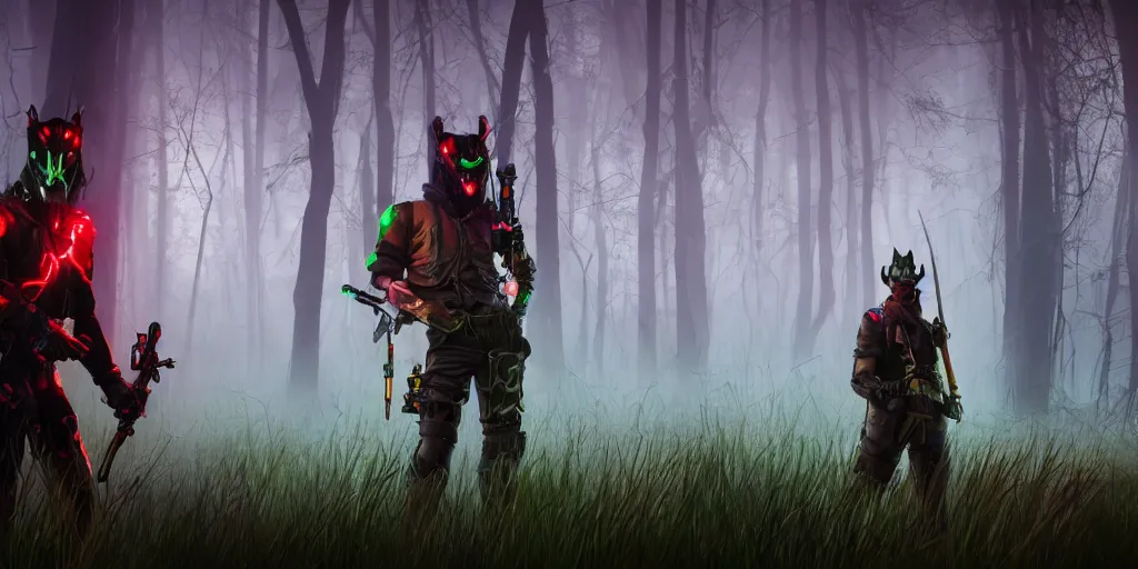 Prompt: inside of strange misty swamp landscape a gamekeeper wearing a steampunk and cyberpunk mechanical fluorescent mystical animal mask and red hood. in style of fornite game. night fog,, beautiful render, octane render